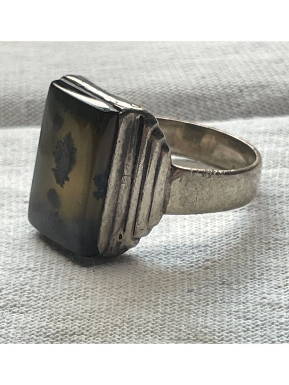 VTG Art Deco Sterling Silver Dendritic Landscape Agate Stepped Signet Ring Size